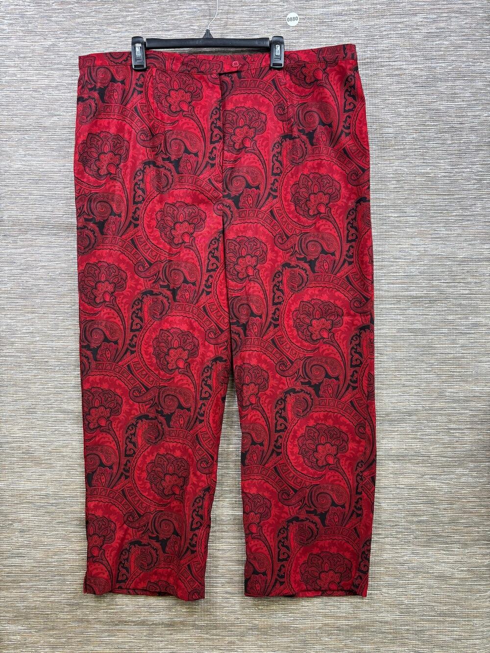 Notations Dress Pants Womens 3X Red Paisley Satin Pull On Elastic Waist Stretch